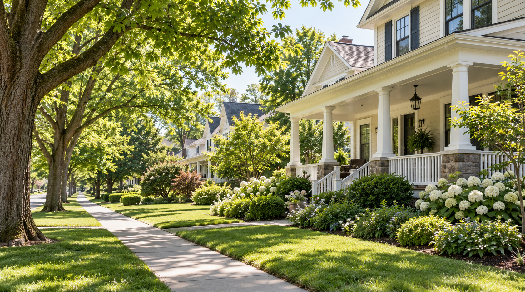 Tree-lined residential street with landscaped homes and welcoming front porches